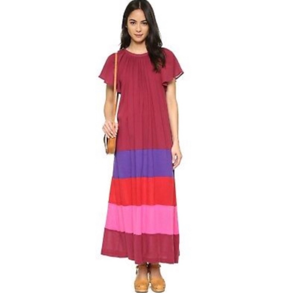 Warm NY cotton color block maxi dress flutter striped tiered gauze gauzy boho M